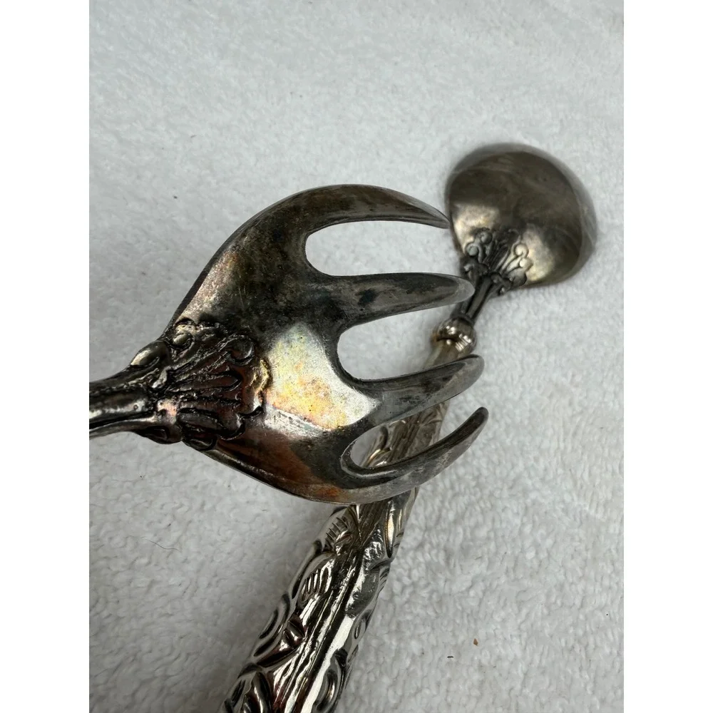 Vintage Ornate Silverplate Salad Serving Set Embossed Scroll Handle Fork Spoon
